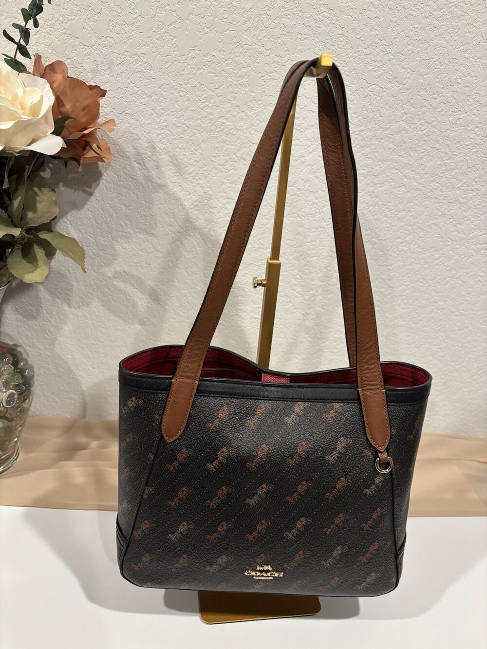 Coach Signature Logo Tote Shoulder Bag Black/Brown Red Lined Snap Gold HW
